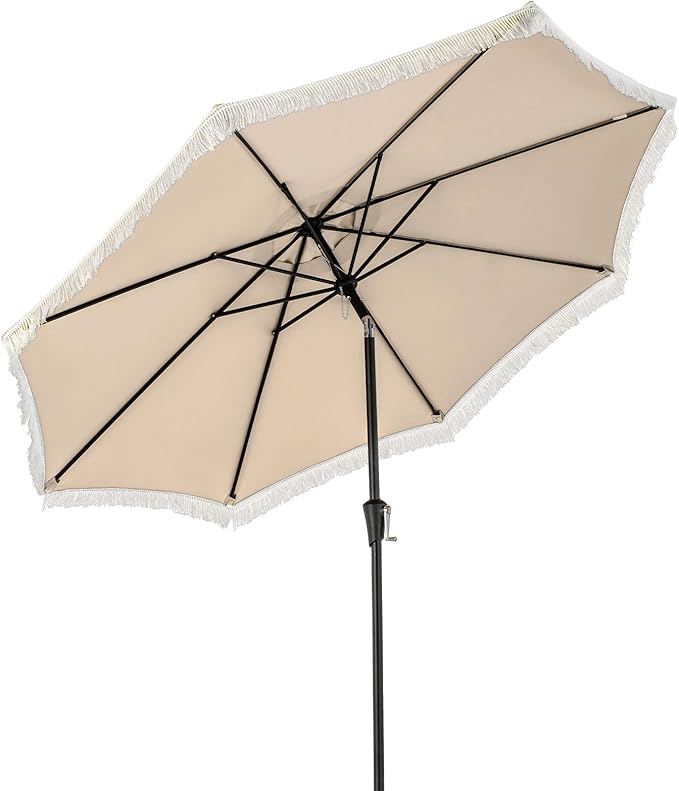 Tangkula 9Ft Patio Umbrella with Fringe, 2-Tier Outdoor Boho Umbrella with Tassels, Crank Handle, Push Button Tilt, Sun-Protective Canopy, 8 Ribs for Deck Backyard Poolside
