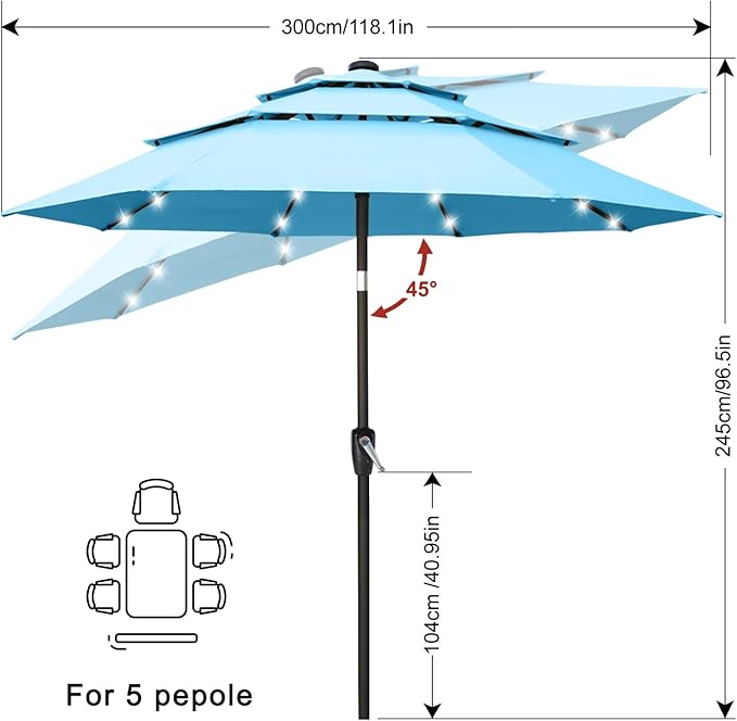 ABCCANOPY 3-Tiers 10FT Solar Patio Umbrella, Outdoor Umbrella with 32 LED Lights for for Deck, Pool, Garden, Backyard (Turquoise)