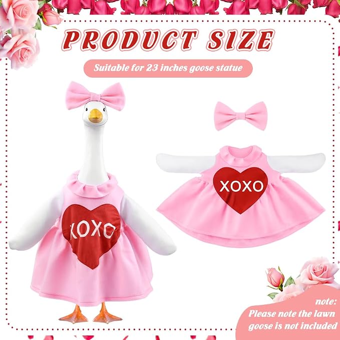 Valentine's Day Goose Outfit for 23" Porch Goose Holiday Pink Red Heart Cloths Costume Valentines Party Outdoor Garden Patio Yard Lawn Art Decoration