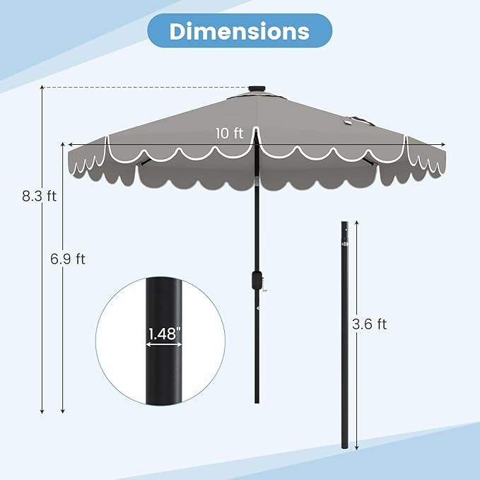 HAPPYGRILL 10 FT Patio Umbrella with Solar Lights, Market Sunshade with Ruffles, Vented Top, Tilt Adjustment & Built-in Crank, Outdoor Parasol Canopy for Backyard Poolside Deck Beach Lawn