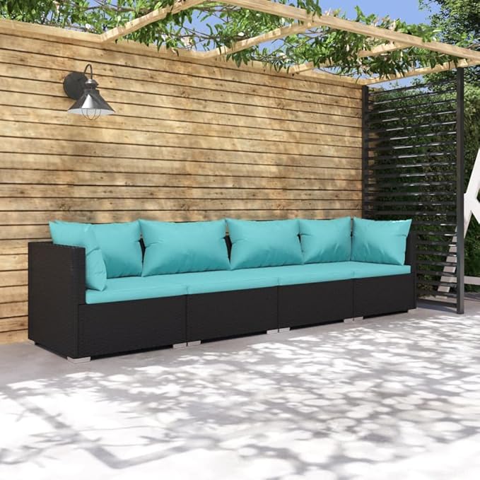 4 Piece Patio Lounge Set with Cushion, Furniture Conversation Sets Piece Patio Set Outdoor Patio Sectional Patio Lounge Set s Poly Rattan Black