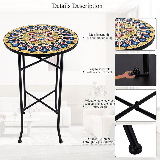 14 Inch Mosaic Patio Side Table with X-Straight Legs, Indoor Outdoor Accent Round End Table with Ceramic Tile Tops for Yard, Garden, Living Room, Bistro, A - Grand Mandala