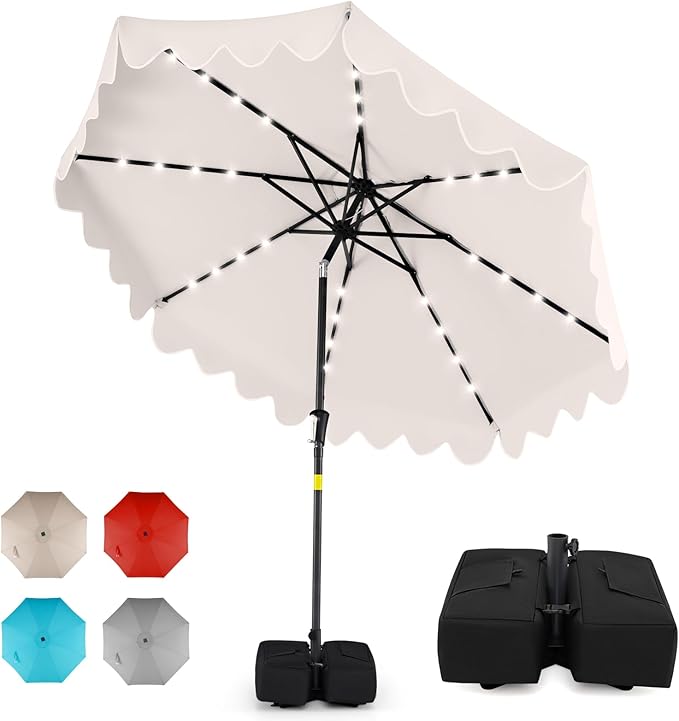 Tangkula 9 FT Solar Patio Umbrella with Base Included, 2-Tiers Outdoor Scalloped Table Umbrella with 32 LED Lights, 2 Sandbags, Tilt Adjustment, Crank, 8 Ribs for Market Backyard Pool Deck Beach Lawn