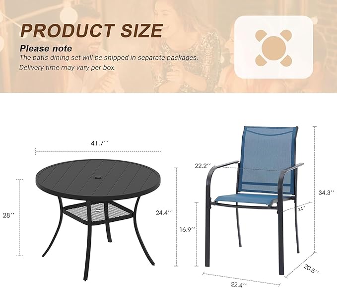 VICLLAX 5 Pieces Patio Outdoor Dining Set, 40.6" Round Metal Table with Umbrella Hole and 4 Stackable Textilene Chairs for Patio, Lawn, Garden, Porch, Black/Dark Blue