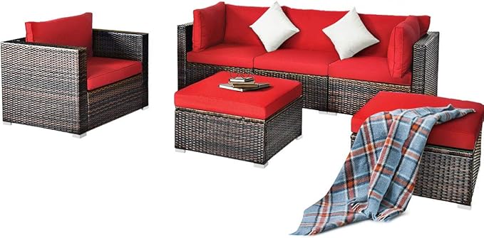 HAPPYGRILL 6PCS Patio Conversation Set Outdoor Furniture Set Rattan Wicker Sectional Sofa Set with Soft Cushions Coffee Table Ottoman for Backyard Garden Poolside