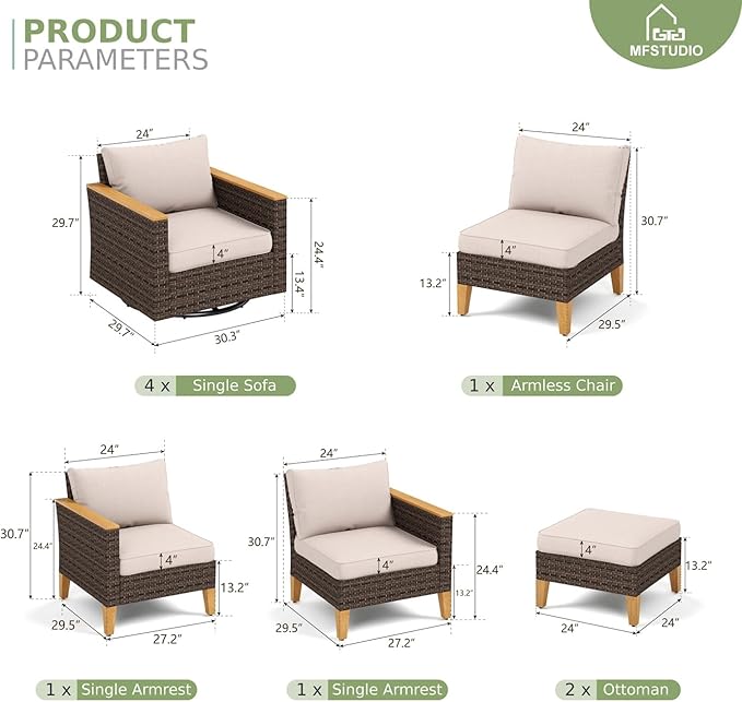 MFSTUDIO 9 Seats Extra Large Wicker Patio Furniture Set, All-Weather Rattan Patio Conversation Sets, 4 x Swivel Chair, 3-Seat Sofa, 2 x Ottoman, Outdoor Patio Sectional Sofa for Garden, Beige