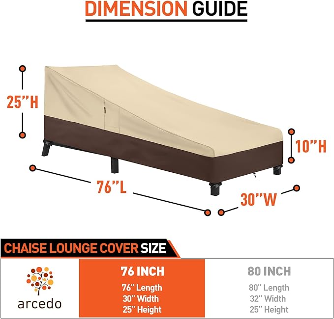 Arcedo Outdoor Lounge Chair Covers 2 Pack, Heavy Duty Waterproof Patio Chaise Lounge Cover for Garden Furniture, Protect Your Pool Chairs in Winter, 76"L x 30"W x 25"H, Beige and Brown