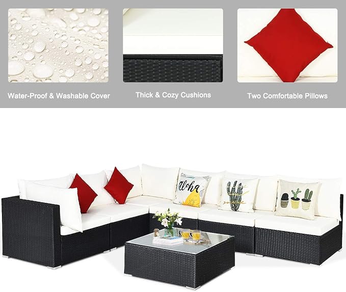 Tangkula 7 Piece Patio Furniture Set, Outdoor Sectional Sofa with 2 Pillows and Cushion Covers, Wicker Sofa Conversation Set with Coffee Table & Tempered Glass Top (Off White & Navy)