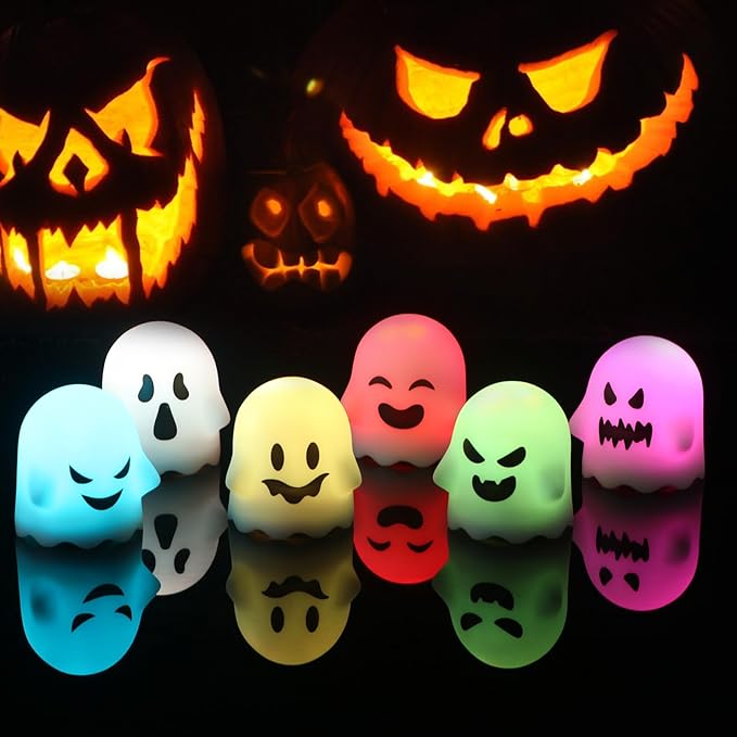 Ghost Halloween Decorations Flameless Candles with Remote Timer, 6 Pack Grimace Ghost Candles Tea Lights Battery Operated LED 12 Color Changing Candles for Halloween Decor