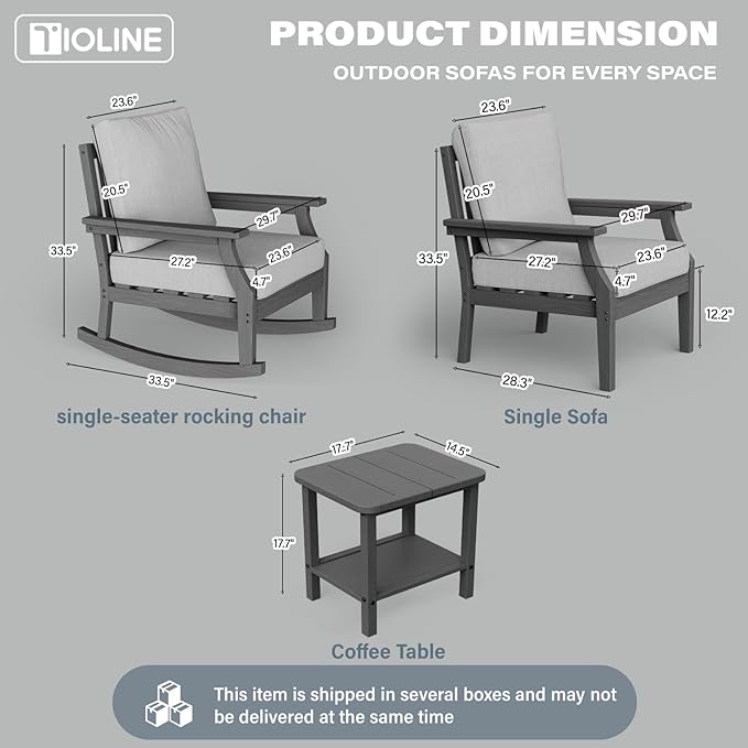 HDPE Patio Conversation Set, 3-Piece All Weather Outdoor Furniture Set with 1 Single Sofa，1 Rocking Sofa for Deck, Lawn, with Cushion, Gray