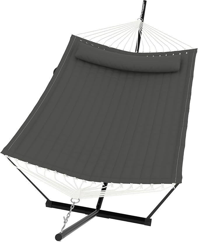 2 Person Double Hammock with Stand & Pillow, 450 LBS Heavy Duty Outdoor Hammock with Balance Rope for Patio Backyard Poolside