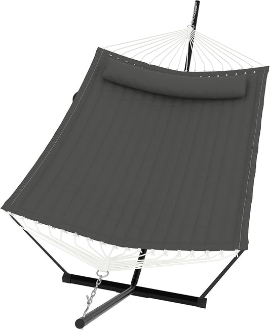 TrailBlaze Double Hammock with Stand and Pillow for 2 Persons – Large Freestanding Outdoor Hammock, 450 lbs Capacity – Wooden Spreader Bar, Balance Rope & Chains – Patio, Garden, Poolside – Offwhite