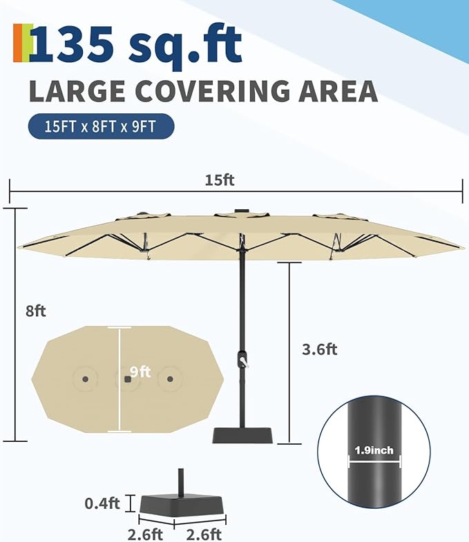 GarveeLife 15 ft Large Patio Umbrella with Lights, 36 LED Lights Double-sided Patio Umbrella with Weighted Base for Poolside Garden Backyard