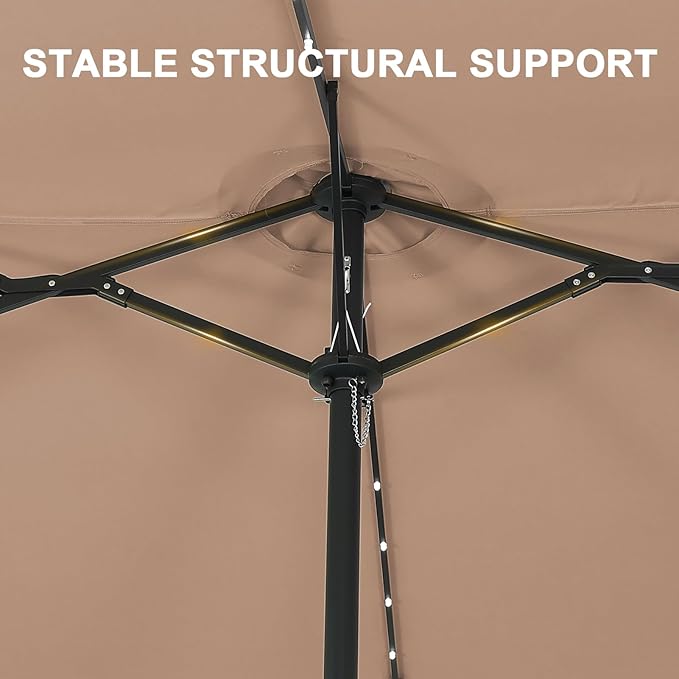 15 ft Patio Umbrella with 48 LED Lights, Large Rectangle Outdoor Solar Umbrella with Matching Base, Strap, Crank, Coffee