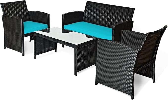 COSTWAY 4 Pieces Patio Rattan Furniture Set, Outdoor Wicker Conversation Set with Soft Cushions & Tempered Glass Coffee Table, Cushioned Chair Sofa for Backyard, Porch, Lawn, Garden, Turquoise