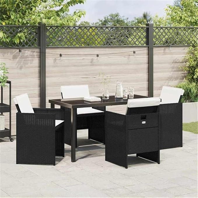 Afuera Living 5 Piece Poly Rattan Garden Dining Set, Black Finish, Metal Frame with Tempered Glass Tabletop, Weather-Resistant Outdoor Patio Seating, Modern Style, Seating Capacity 4