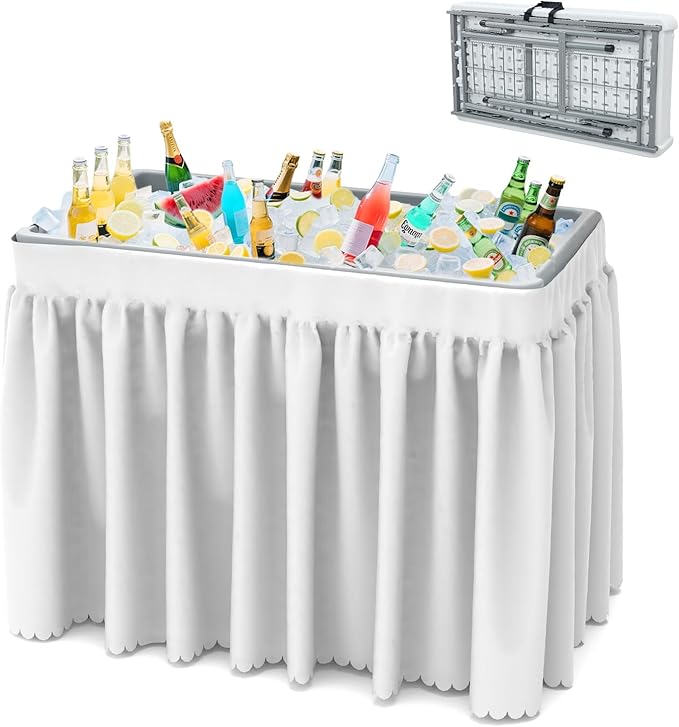 Folding Ice Cooler Table, Skirt &Drain Hose Plastic Chill Table to Keep Drinks Cool, Portable Foldable Self-Serving Beverage Cooling Bar for Parties, Picnics, Barbecues, Fishing(White