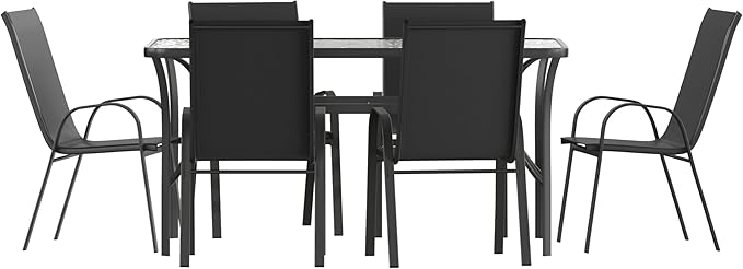 Flash Furniture Brazos Commercial Outdoor Dining Set, 60" Tempered Glass Patio Table with Umbrella Hole, 6 Stack Chairs with Flex Comfort Seats and Backs, Black/Black