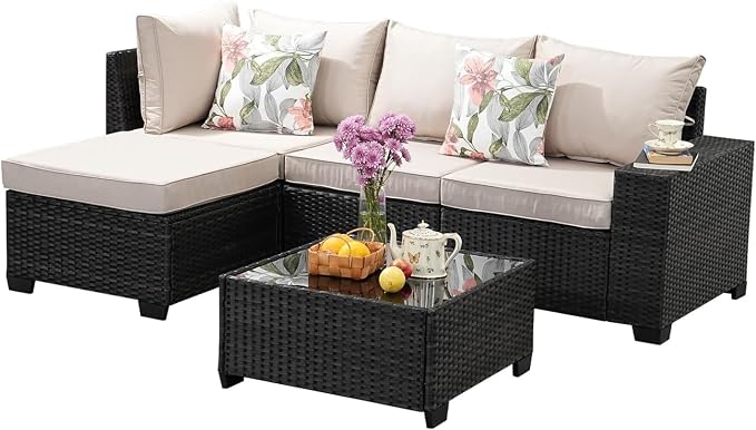 All Weather Outdoor Wicker Sectional Sofa Beige Rattan Conversation Seating with Tempered Glass Table Ottoman 5 Piece Patio Furniture Set for Porch Garden Backyard