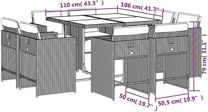 Afuera Living 9 Piece Rattan Patio Dining Set, Gray Finish, Weather-Resistant PE Rattan, Powder-Coated Steel Frame, Removable Cushions, UV-Resistant, Seats 8, Outdoor Garden or Terrace Furniture Set