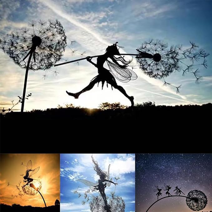 Fcteap Flower Fairy Dancing with Dandelion Garden Art Sculpture Stainless Steel Statue Christmas Halloween Decoration for Outdoor Yard Courtyard Lawn Patio Metal Ornaments (Long Travel)