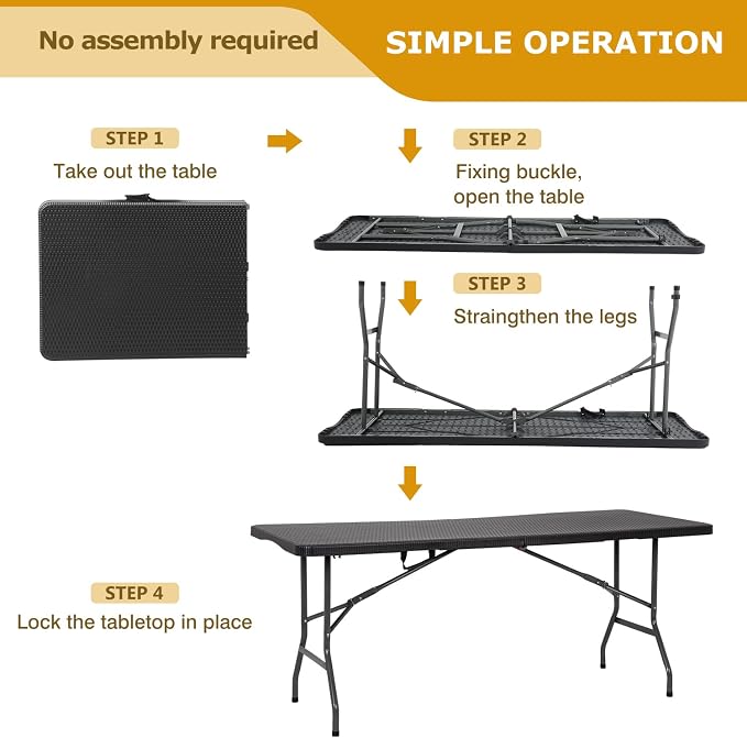 6FT Folding Table, Fold-in-Half Portable Plastic Table with Handle, Heavy Duty HDPE, 500 lbs Capacity, Waterproof & Scratch-Resistant, Locking Legs, Anti-Slip Feet for Indoor Outdoor Party Picnic