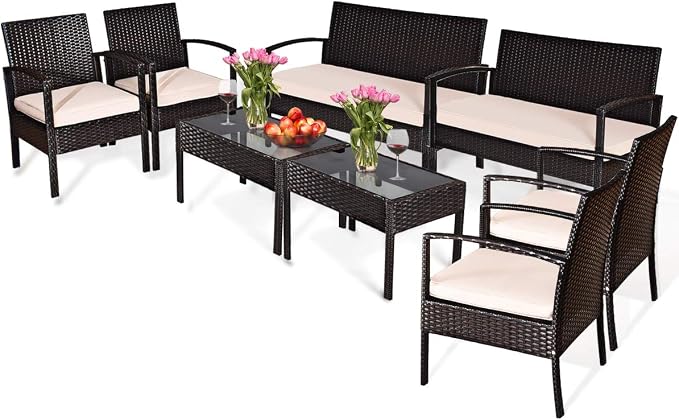 Tangkula 8 Piece Rattan Patio Furniture Set, All Weather Heavy Duty Wicker Outdoor Conversation Set,Includes Loveseat Bench, Single Chairs and Coffee Table, for Porch, Backyard, Garden, Poolside (2)