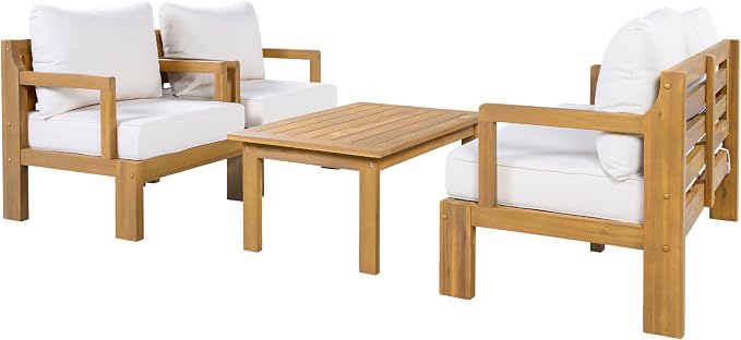 JIVOIT Outdoor 4-Seater Acacia Wood Patio Chat Set, 4 Pieces Conversation Set with Club Chair, 2 Seater Sofa and Coffee Table, Outdoor Seating Group for Garden, Backyard, Balcony