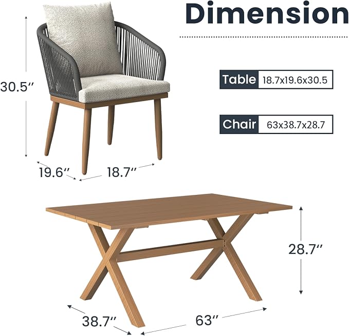 7-Piece Patio Dining Table Sets, Woven Wicker Dining Set with Rectangular Aluminum Table and Dining Chairs Modern Outdoor Dining Furniture Set for Outdoors and Indoors