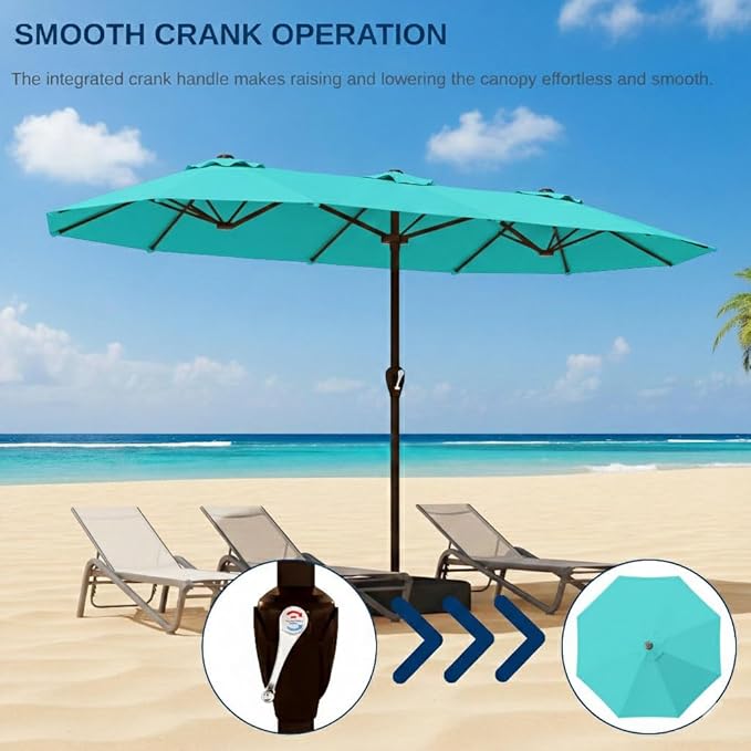 15FT Large Patio Umbrella with Base, Double Sided Rectangular Outdoor Umbrella with Sturdy Fiberglass Ribs, UPF 50+ Sun Protection, Wind-Resistant, Waterproof Fade-Resistant Fabric for Pool, Garden, Backyard, Deck(Peacock Blue)