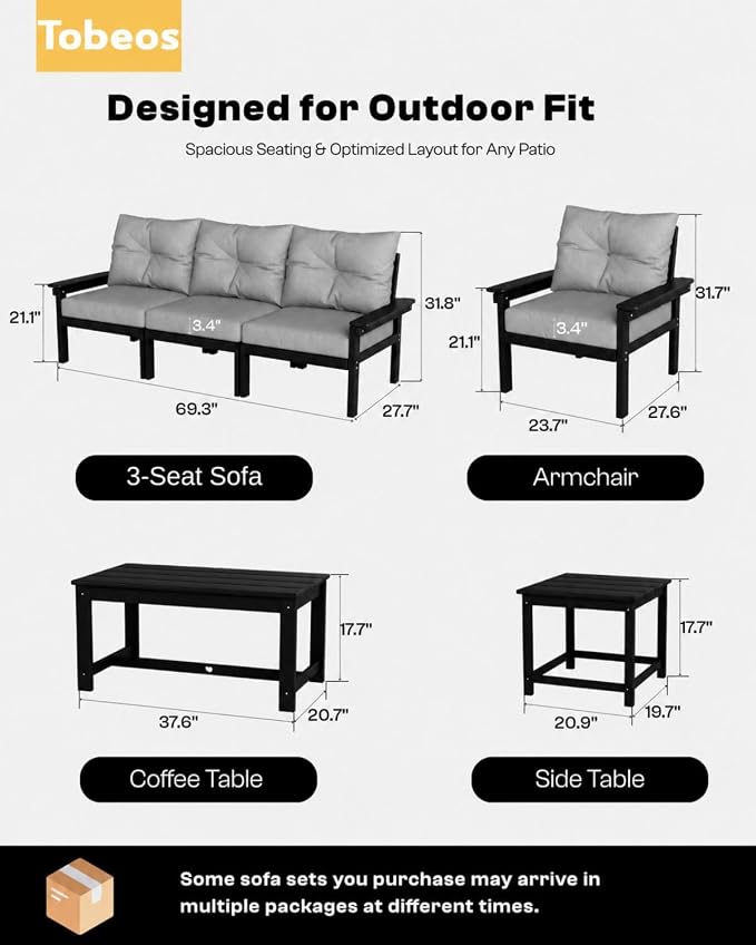 HDPE 7 Piece Patio Furniture Set, All-Weather Outdoor Couch Set with Thick Cushions & Table & Umbrella, Patio Conversation Sets for Lawn, Garden, Porch, Balcony, Deck, Poolside, Black & Grey