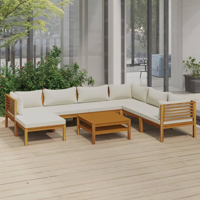 Patio Lounge Set with Cream Cushion,Patio Furniture Sets,Patio Conversation Sets,Outdoor Furniture Sets,for Garden,Backyard,Outdoor,8 Piece Solid Acacia Wood