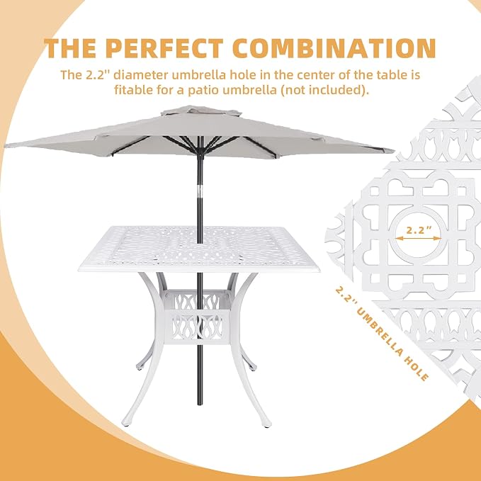 5 Piece Patio Dining Set, Outdoor Table and Chairs Set for 4 Cushioned Swivel Rocking Chairs and 35.4'' Square Table, All-Weather Cast Aluminum Patio Funiture Set, 2.2'' Umbrella Hole, White