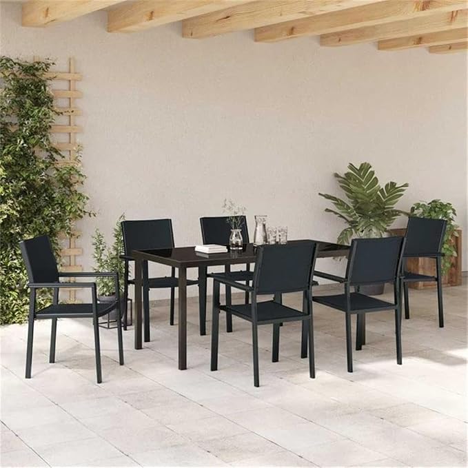 Afuera Living 7-Piece Powder-Coated Steel Garden Dining Set, Black Finish, Weather-Resistant UV-Protected Materials, Seating for 6, Modern Outdoor Patio Furniture for Spring and Summer
