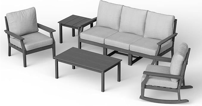 HDPE Patio Conversation Set, 7-Piece All Weather Outdoor Furniture Set with 1 Single Rocking Armchairs for Deck, Lawn, with Cushion, Gray