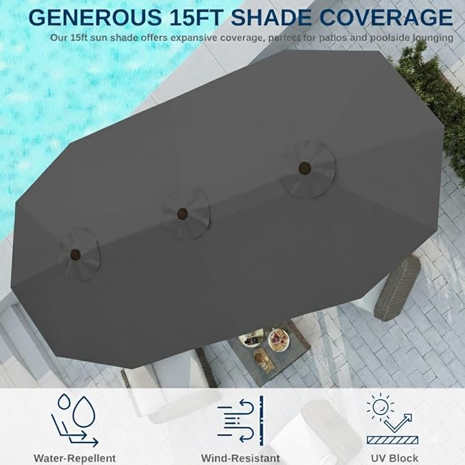 15FT Large Patio Umbrella with Base, Double Sided Rectangular Outdoor Umbrella with Sturdy Fiberglass Ribs, UPF 50+ Sun Protection, Wind-Resistant, Waterproof Fade-Resistant Fabric for Pool, Garden, Backyard, Deck(Gray)