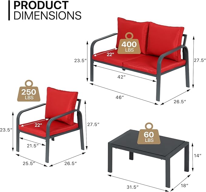 MoNiBloom 4 Pieces Outdoor Patio Furniture, All Weather Conversation Set with Tempered Glass Coffee Table for Garden Backyard Porch Balcony Poolside Deck Lawn, Loveseat Couch and Chairs with Cushions
