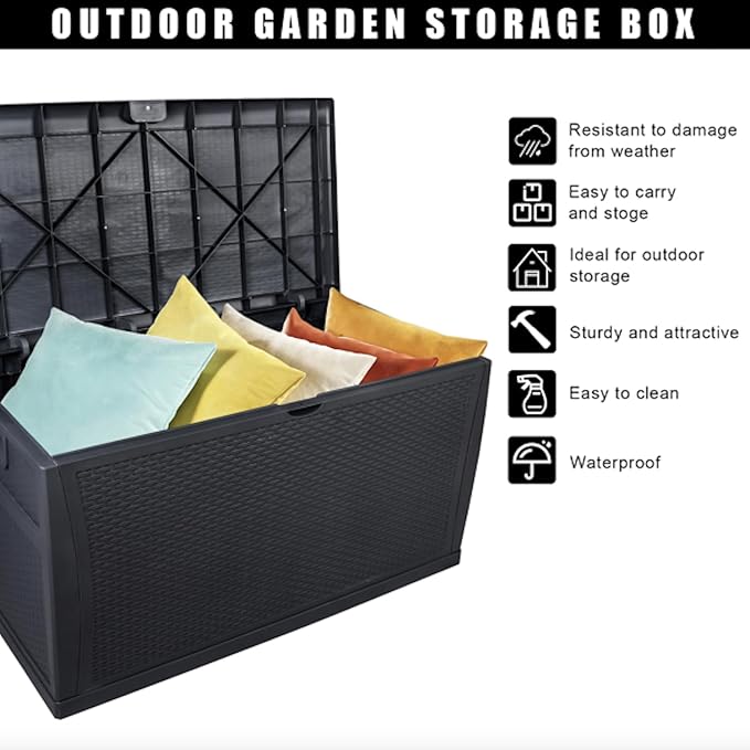120 Gallon Large Resin Deck Box, Outdoor Organization Storage Container, Garden Storage Chest Lockable Seat for Patio Furniture, Tools (Black)