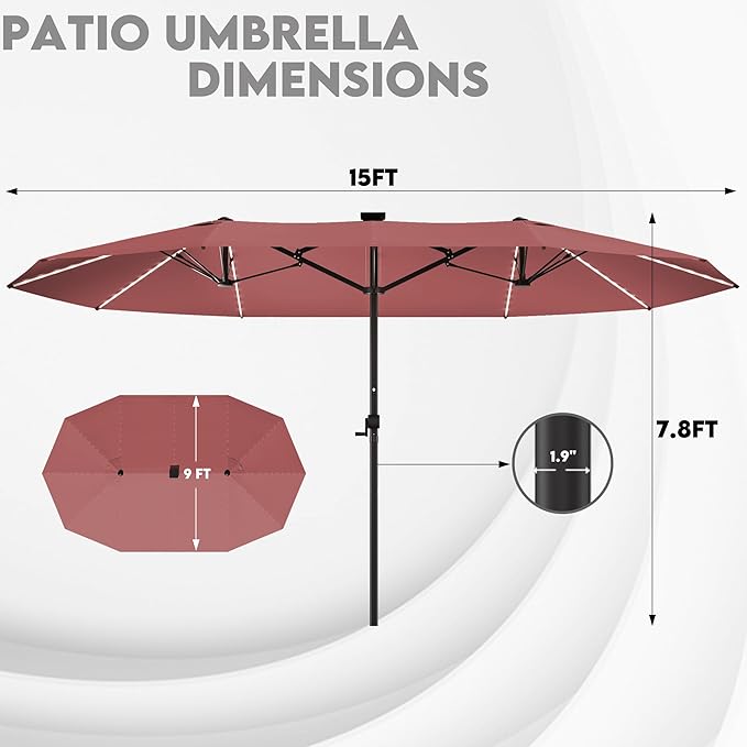 GDPFN 15ft Large Patio Umbrella with Solar Lights, Outdoor Double-Side Rectangular Umbrella, Backyard Pool Umbrella with LED Light for Deck, Outside, Market, Burgundy (Base Not Include)