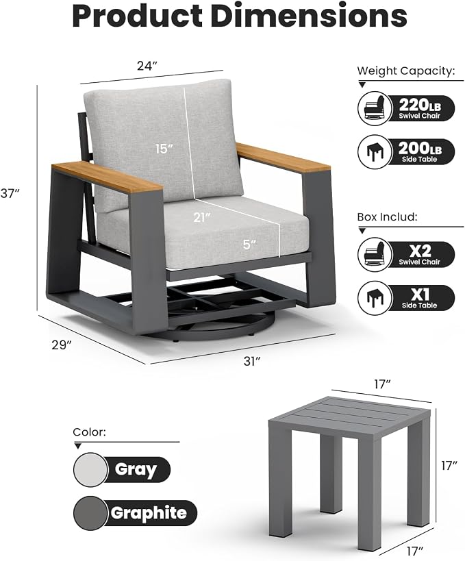 Aluminum Outdoor Patio Furniture Set, 4-Piece Patio Conversation Set with 5" Thick Cushions, Aluminum 360-Degree Large Outdoor Furntiure Set with Side Table and Loveseat, Gray