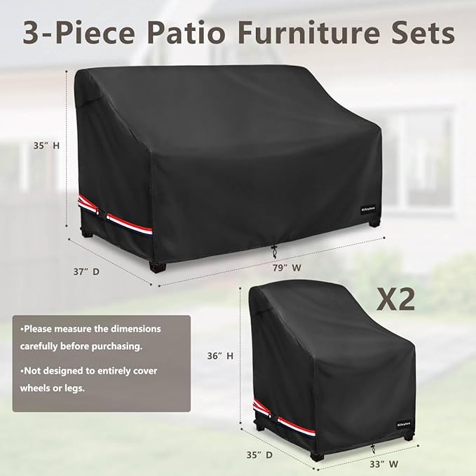 Patio Furniture Covers,3 Piece Heavy Duty Waterproof Outdoor Furniture Covers,Outdoor Furniture Covers for Patio Furniture,Includes 2 Patio chair covers 33in and 1 Patio loveseat cover 79in,Black