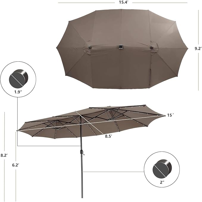 Tangkula 15 Ft Solar Patio Umbrella, Double-Sided Extra Large Outdoor Market Table Umbrella with 48 LED Lights, Crank Handle, 12 Sturdy Ribs for Poolside, Garden & Backyard (Tan)