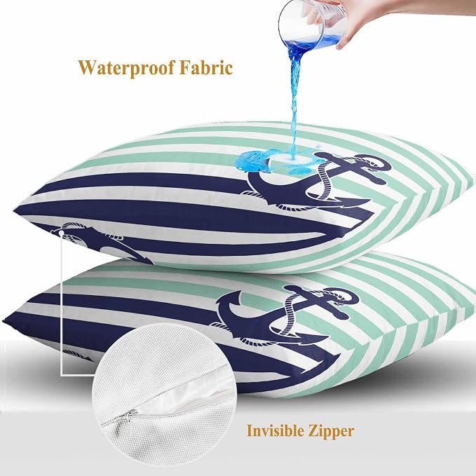 Throw Pillow Covers 16x16 Inch Set of 2, Anchor Aqua Waterproof Outdoor Cushion Covers, Modern Navy Blue White Striped Nautical Decorative Pillowcases for Couch, Sofa, Bed, Garden, Patio