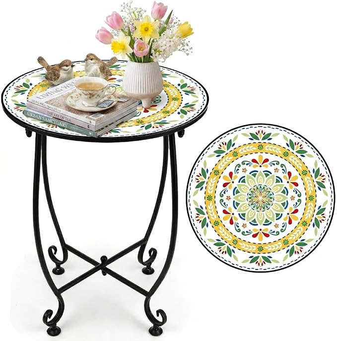 Outdoor Round Side Table, 14'' Unique Colorful Pastoral Style Plant Stand,Mosaic End Table,Bistro Accent Table for Garden Yard Parch Balcony Mother's Day Housewarming Gift