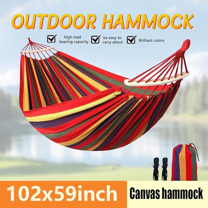 Cotton Canvas Hammock, Comfortable Fabric Camping Hammock with Tree Straps, Up to 440lbs with Travel Bag for Camping Outdoor/Indoor Patio Backyard(Orange&Yellow, with bar)