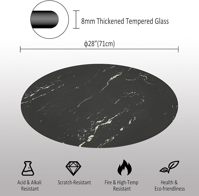28 Inch Round Black Marble Glass Table Top, 8mm Thick Tempered Glass Tabletop for Dining Tables, Coffee Tables, Patio Tables