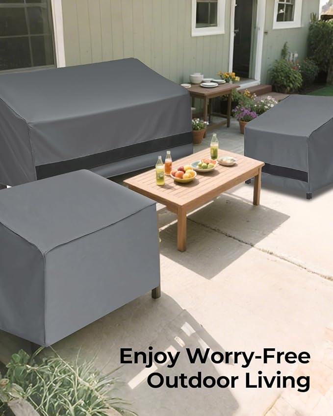 loriano 3-Piece Patio Furniture Chair Covers Set, Outdoor 600D Heavy-Duty Waterproof, Fits 3 Seater Sofa 79"x35"x33"& 2 Chairs 33"x35"x33", All-Weather Windproof Protection for Deck, Backyard (Gray)