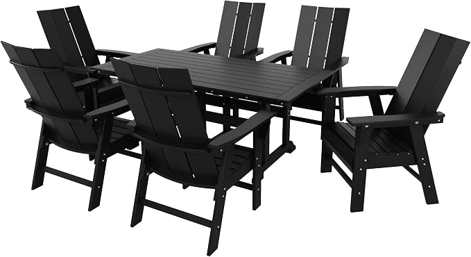 WestinTrends Ashore 7 Pieces Adirondack Outdoor Dining Set, All Weather Poly Lumber Slatted Modern Farmhouse Outdoor Furniture Set, 71" Trestle Dining Table and 6 Adirondack Dining Chair, Black
