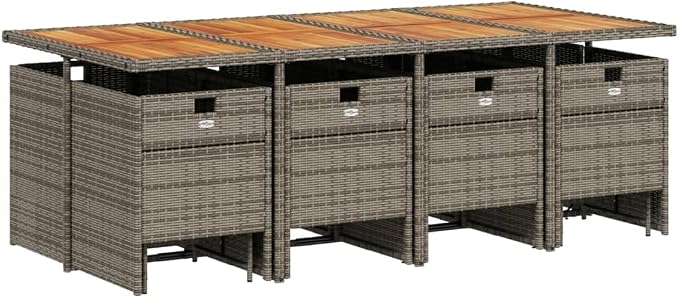 13-Piece Garden Dining Set with Cushions, Grey Poly Rattan Outdoor Patio Furniture, 12-Seater Table and Chair Foldable Space-Saving Cube Design