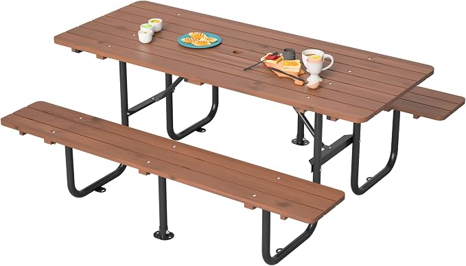 72'' Rectangular Outdoor Dining Table Wooden Patio Dining Table & 2 Built-in Bench for 8, 2" Umbrella Hole & Metal Base, Suitable for Picnic Backyard Garden Porch, Brown